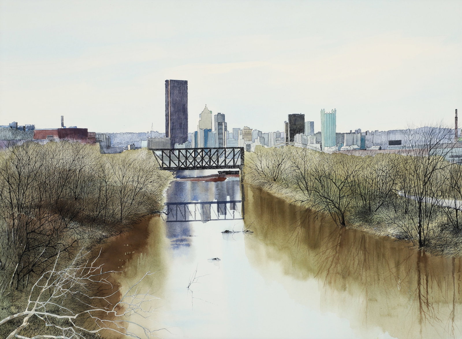 Charlie Pitcher Pittsburgh Skyline Watercolor and Ink: Pitcher, Charles (Charlie) (American/Western PA, 1927-2009), Pittsburgh Skyline, c.1980s, watercolor and ink on paper, initialed lower left, 22 x 30 inches, in a wood frame 24 x 32 inches. Provenance:
