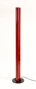 Gianfranco Frattini for Artemide Megaron Floor Lamp: Gianfranco Frattini for Artemide uplight floor lamp, model Megaron, Italian, first designed in 1979. Red lacquer finish over an aluminum body, sliding dimmer switch at one side, over a black circular