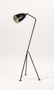 Greta Magnusson-Grossman style Grasshopper Lamp: Magnusson Grossman, Greta, Grasshopper G33 Floor Lamp for Bergboms, Sweden, 1950s. Lacquered metal with brass elbow joint. Stamped G-33 Bergbom Max 25W in lampshade near the socket. 48.25 inches tall.