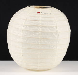 Isamu Noguchi Akari 30 F Light Sculpture in Original Box: Isamu Noguchi handmade washi paper and bamboo Akari Light Sculpture. Designed by Noguchi beginning in 1951. Paper globe shade with bamboo ribbing supported by a metal frame. In original box with instr