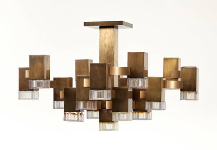 Gaetano Sciolari for Lightolier Cubic Chandelier: Gaetano Sciolari for Lightolier, Cubic 16 Lamp Mid Century Modern Chandelier, manufactured prior to 1974, brass and clear and etched acrylic blocks chandelier, total hang from ceiling is 16.5 inches,