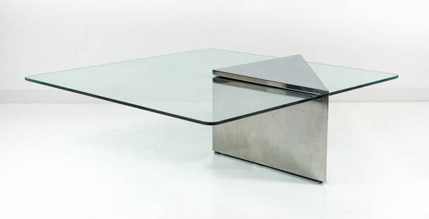 J. Wade Beam for Brueton Cantilever Coffee Table: J. Wade Beam for Brueton cantilever coffee table, polished steel triangular form base with square glass table top. Apparently unmarked. 15.5 x 48 x 48 inches.