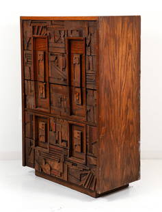 Paul Evans Style Brutalist Pueblo High Chest by Lane: Brutalist high chest by Lane, Pueblo line, 1970s. Drawing design inspiration from 20th century American Brutalist designer Paul Evans, with striking geometric molded relief on each of the four drawer