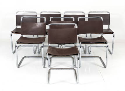 8 Ufficio Tecnico for Knoll Spoleto Dining Chairs: Ufficio Tecnico for Knoll International, Set of 8 Spoleto chrome and leather cantilevered dining chairs, designed in 1971, deep brown leather cowhide laced seats and backs on polished chrome tubular s