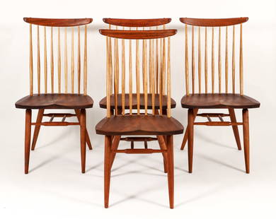 Set of 4 George Nakashima New Chairs: Nakashima, George (American, 1905-1990), Set of 4 New Chairs, walnut and hickory, 36 x 18.5 x 20.5 inches, seat height 17.25 inches, each one signed Everett on the underside, also on the undersides on