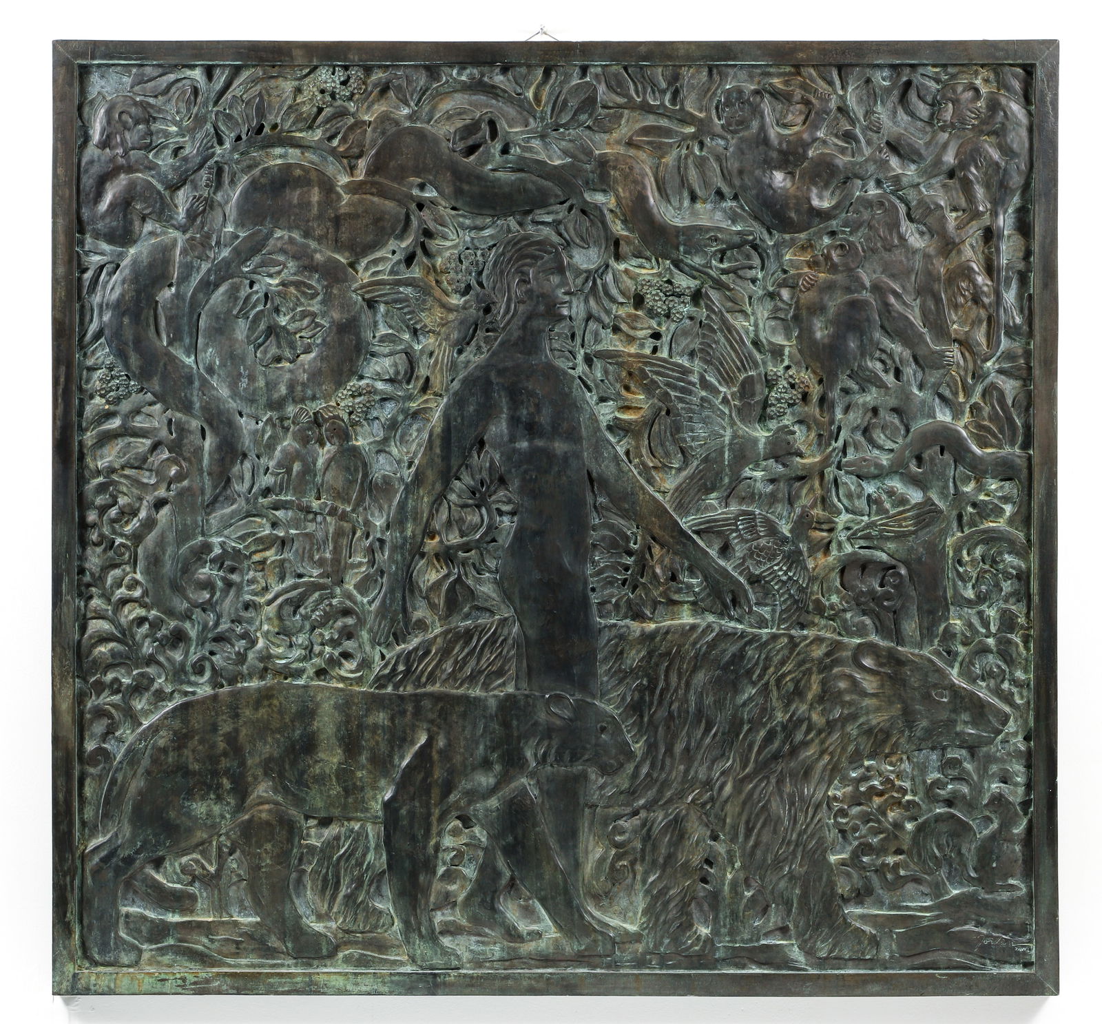 Faux Bronze Bas Relief after Raymond Delamarre: Delamarre, after Raymond (French, 1890-1986) by Clifton Jordan, based upon Delamarre's Mowgli, circa 1935, (From The Jungle Book), plaster cast with faux bronze finish, 48 x 51 x 1.25 inches, inscribe