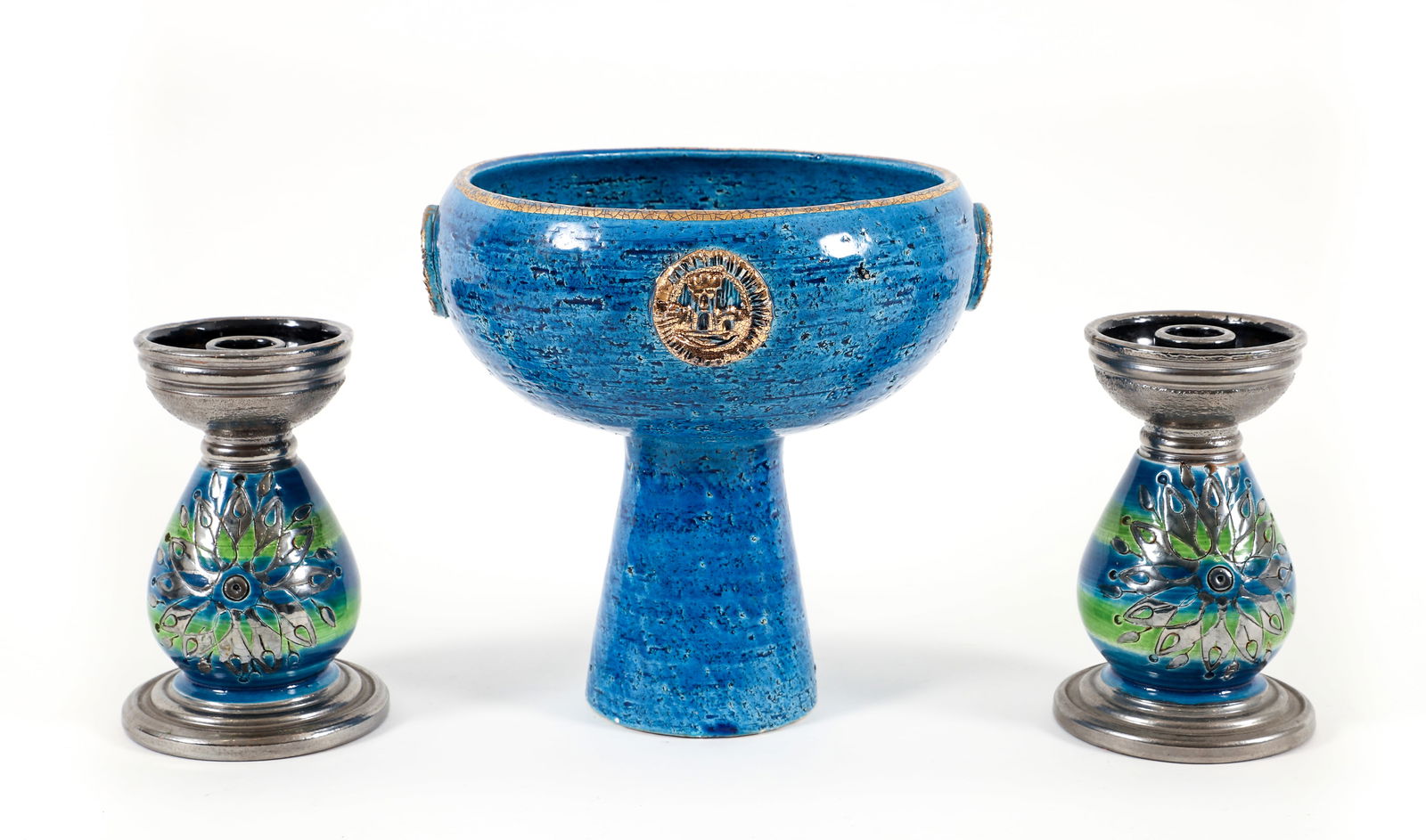 Bitossi Centerpiece Bowl and Candlesticks by Londi: Londi, Aldo, for Bitossi, Pair of decorative objects, c.1960s: Rimini Blue Centerpiece Bowl, height 8.5 inches, diameter 8 inches, marked 95/912B Italy on base; Set of Candlesticks in blue, green and
