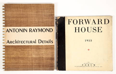 2 books including Antonin Raymond Architectural Details: Lot of 2 books on modern architecture: 1. Antonin Raymond, Architectural Details, 1947, revised edition, Architectural Book Publishing Co., original plastic comb binding with card covers, filled with