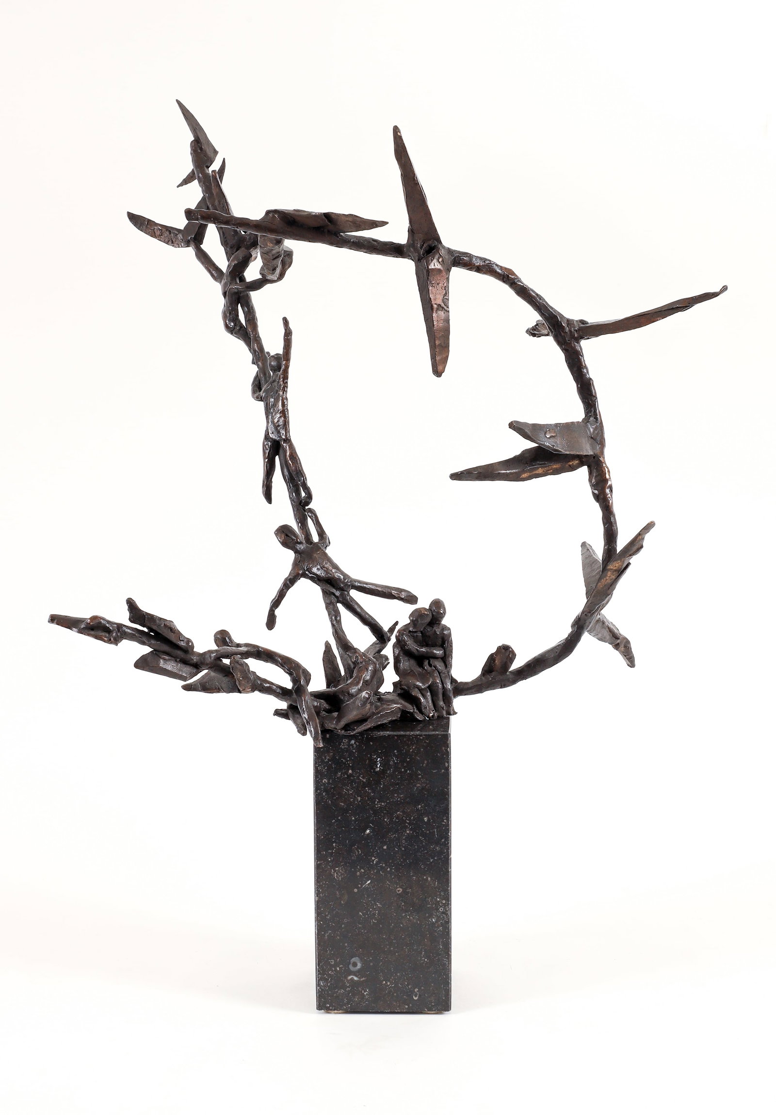 20th Century Modernist Bronze Figures and Birds Sculpture: 20th Century Modernist Sculpture School in style of Mary Callery, Figures Seated below Trees with Birds and Figures, mid 20th Century, cast and welded bronze on a marble base, 36 x 24.5 x 16 inches (i
