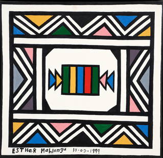 Esther Mahlangu Ndebele Patterns 1999 Acrylic Ptg: Mahlangu, Esther (South African/Ndebele, contemporary), Untitled Ndebele Patterns, 1999, acrylic on canvas, signed and dated (February 10th) along the bottom edge, 22.75 x 23.5 inches, in a white wood