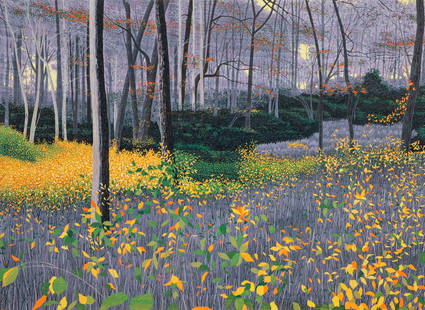 Gordon Mortensen Color Reduction Woodcut Fall 2002: Mortensen, Gordon (American, contemporary), Fall, 2002, color reduction woodcut, signed, dated, titled and numbered 79/100 in pencil along the bottom, image 21.75 x 30 inches, matted and framed 30.75