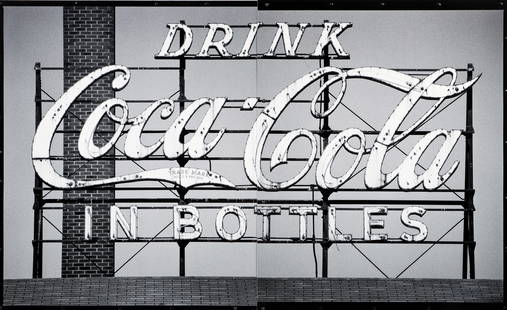 Mark Perrott Coca Cola 2012 Photo Collage: Perrott, Mark (American/Western PA, contemporary), Coca Cola, 2012, archival ink print photo collage, signed, titled, and numbered 1/5 on reverse, sheets pinned to wood panel 36 x 59 inches, in a whit