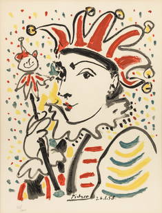 After Pablo Picasso 1958 color lithograph Carnival: Picasso, after Pablo (Spanish, 1881-1973), Carnaval (King of The Carnival), 1958, lithograph printed in colors, 21 x 15.75 inches, signed and dated in the plate, numbered in pencil 362/1000, framed 35