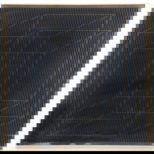 Julian Stanczak Superimposed in Dark 1973 Op Art Print: Stanczak, Julian (Polish/American, 1928-2017), Superimposed in Dark (Black on Gold Foil), 1973, silkscreen on gold foil, signed and numbered 8/20 to lower corners, 32 inches square, framed in a plexi