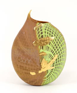 Tsuchida Yasuhiko 2000 Bamboo Vase glass and gold leaf: Tsuchida, Yasuhiko (Japanese, born 1969, works in Murano Italy), Bamboo Vase, 2000, blown glass vessel with beaten multi-colored glass and 4 filigree beaten gold leaf insets, 10.75 x 7.5 x 4.5 inches,