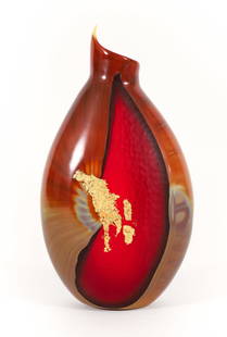 Tsuchida Yasuhiko 2000 Bamboo Vase with red glass and gold leaf: Tsuchida, Yasuhiko (Japanese, born 1969, works in Murano Italy), Bamboo Vase, 2000, blown glass vessel with beaten red glass and frosted glass on other side surface on one side and filigree beaten gol