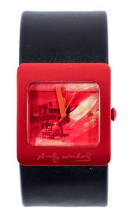 Andy Warhol Pop Art Watch: Andy Warhol Pop Art wrist watch. Originally purchased from the Andy Warhol Museum gift shop. The unisex wristwatch is New in the package and features a large anodized red case impressed with Warhols'