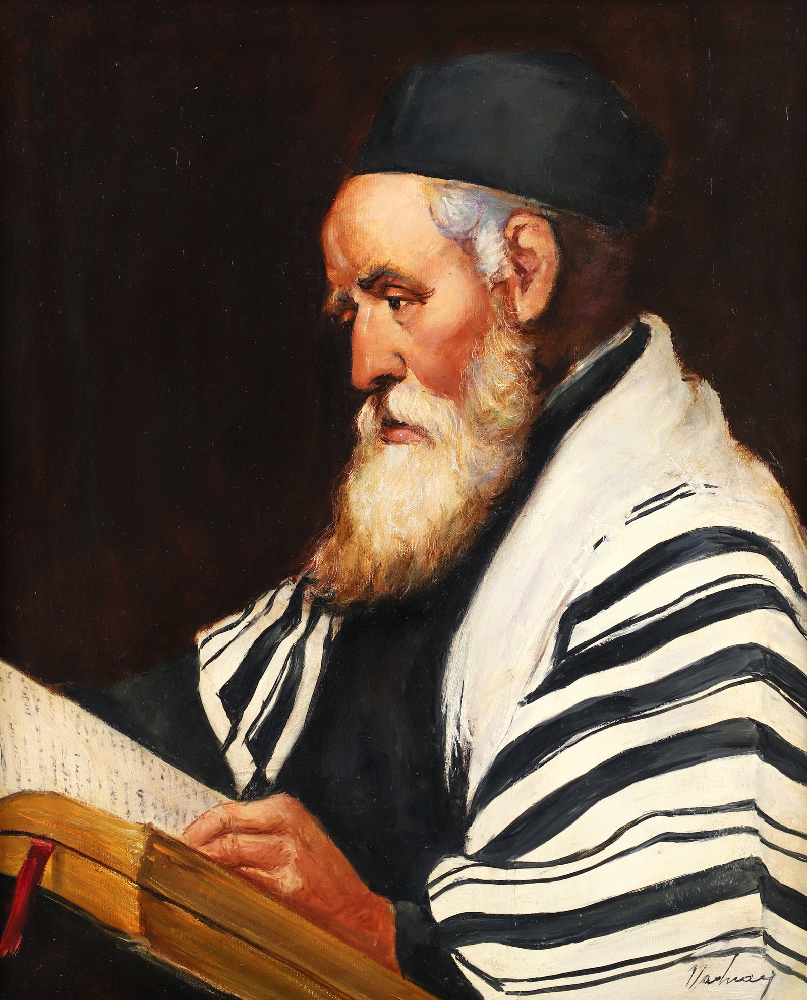 Rabbi Reading from Book oil painting: 20th Century Religious School, Rabbi Reading from Book, oil on canvas, 24 x 20 inches, framed measuring 31 x 27 inches, Sold to benefit Beth Israel Congregation, Washington, Pa.