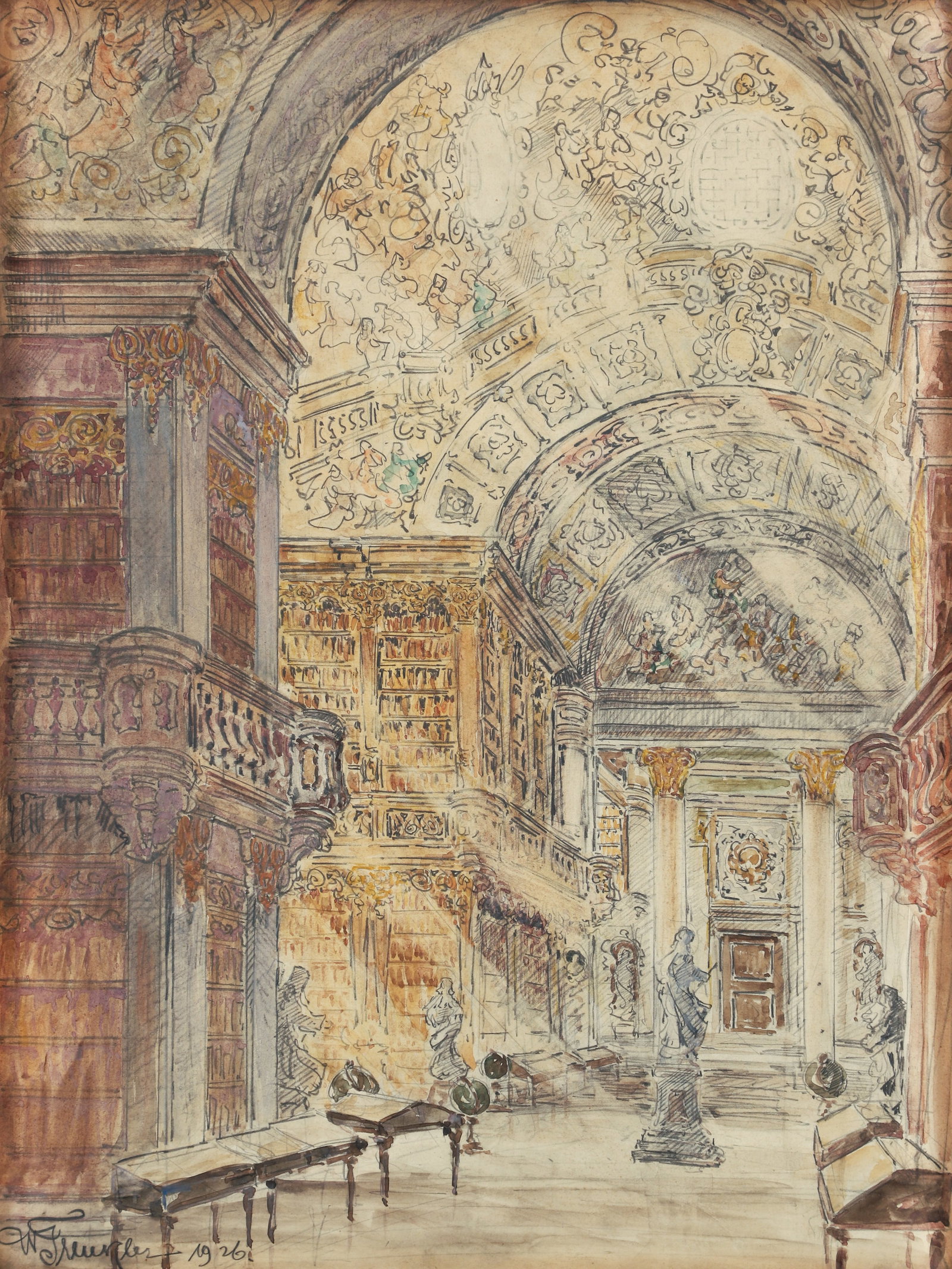 Wilhelm Trenkler European Library Watercolor 1926: Trenkler, Wilhelm (Austrian, 1877-1964), European Library and Museum Interior, 1926, watercolor and graphite on paper, since affixed to a backing board, signed and dated in pencil lower left, sheet 16