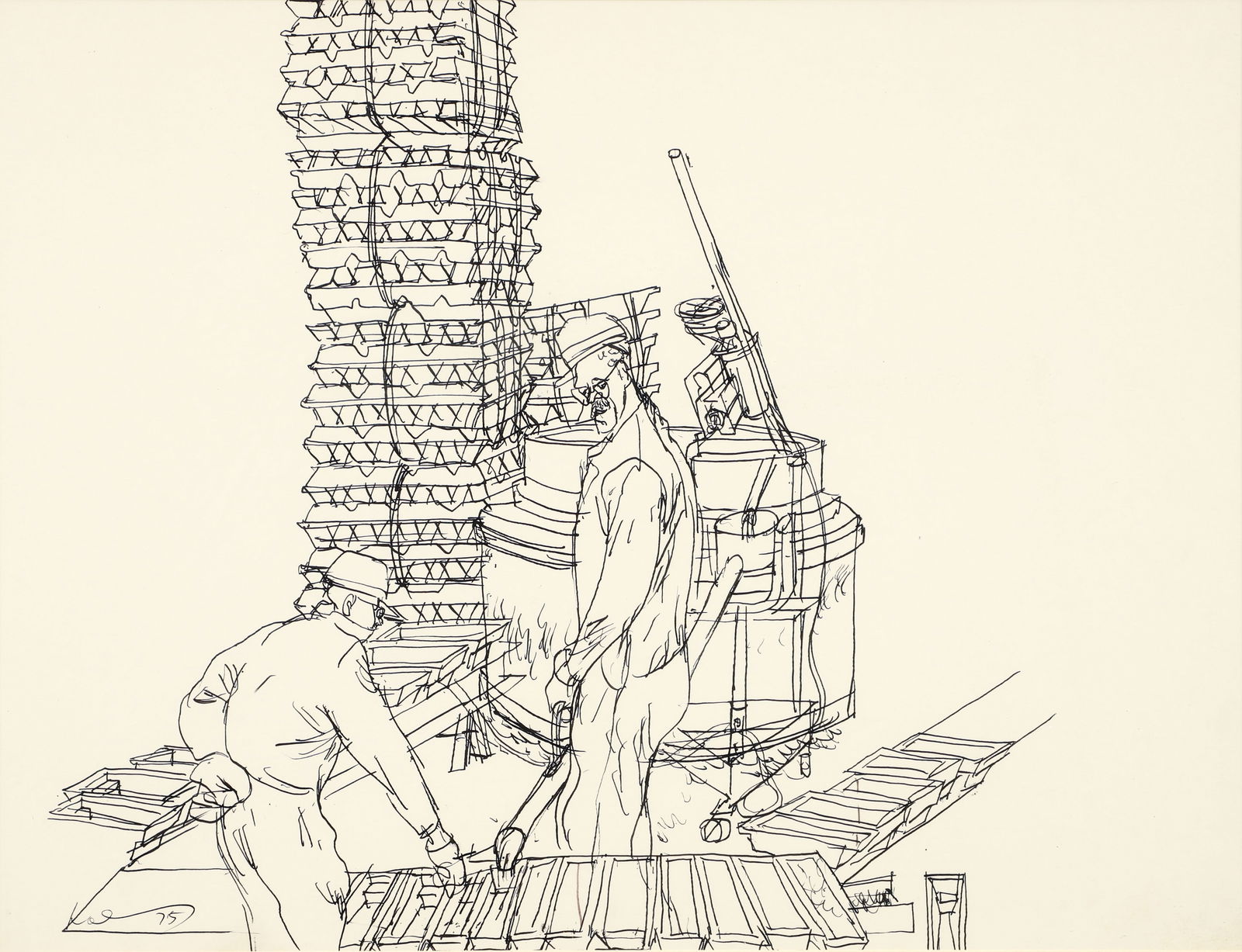 Henry Koerner Construction Workers 1975 Ink Drawing (1 of 4)