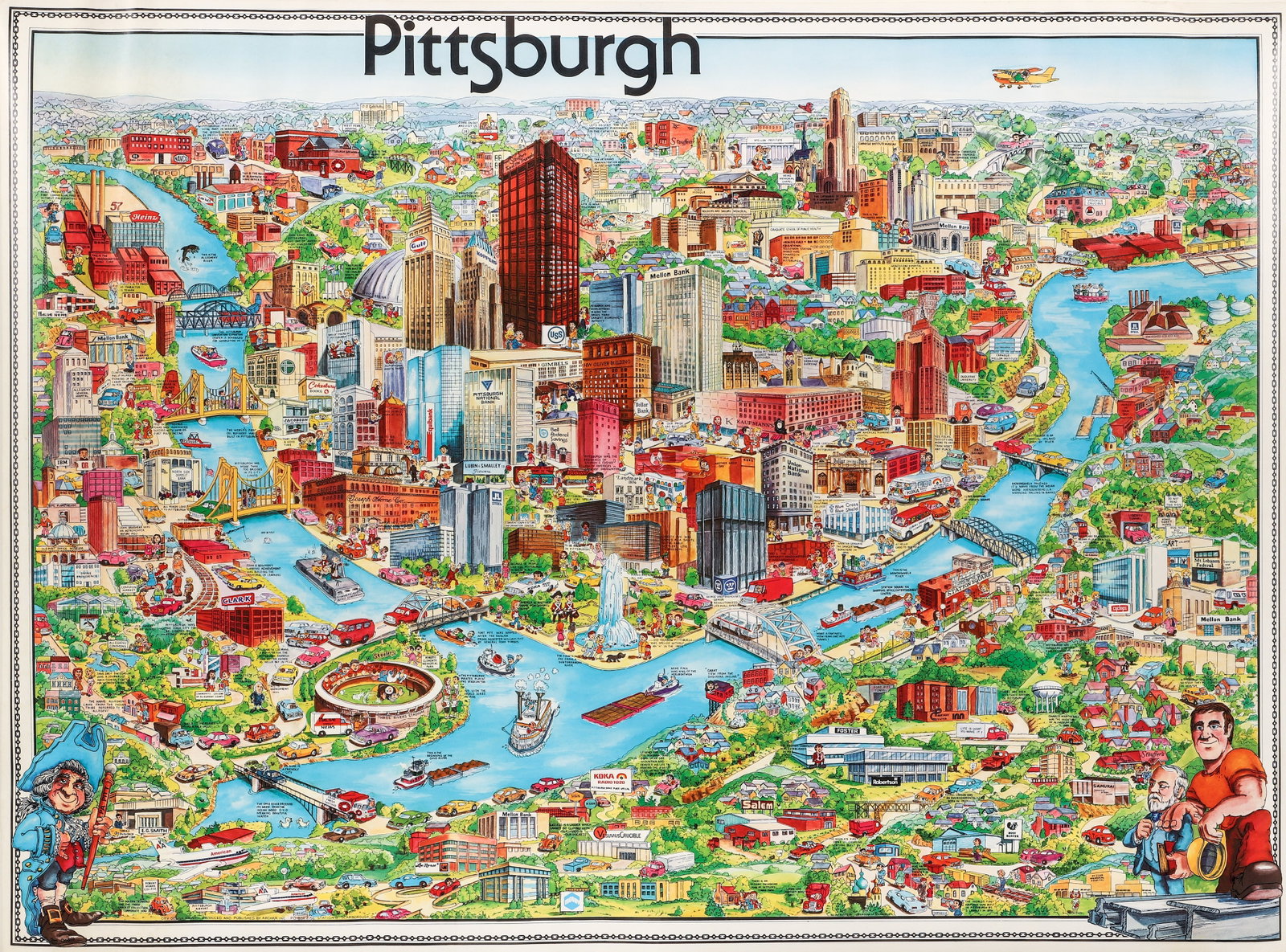1978 Pittsburgh City Caricature Print Map By Archar: Pittsburgh Novelty Map , photomechanical lithograph 33 x 44 inches.