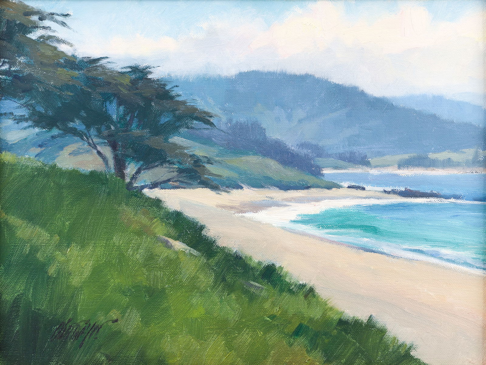 Micheal Obermeyer 2005 oil Stewart's Cove: Obermeyer, Micheal (American, born 1959), Stewart's Cove, 2005, oil on canvasboard, 9 x 12 inches, signed lower right and signed titled, and dated on board reverse, gilded wood frame measuring 13 x 16