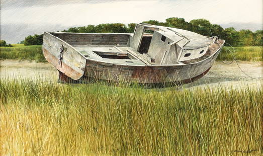 Richard Schlecht The Caroline Oil on Board: Schlecht, Richard (American, contemporary), The Caroline, 1966, oil on artist's board, signed lower right, 20 x 32 inches, in a wood frame 25 x 37 inches. Provenance: Purchased from Mickelson Gallery,