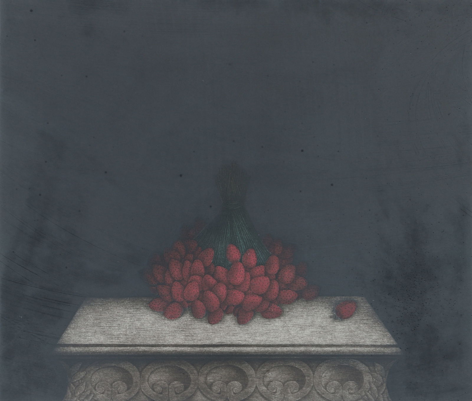 Tomoe Yokoi framed color mezzotint Strawberries: Yokoi, Tomoe (Japanese, b.1942), Strawberries, circa 1985, color mezzotint on BFK Rives paper, 11 3/4 x 13 5/8 inches, pencil signed and numbered 76/100, published by HMK Editions, framed measuring 24