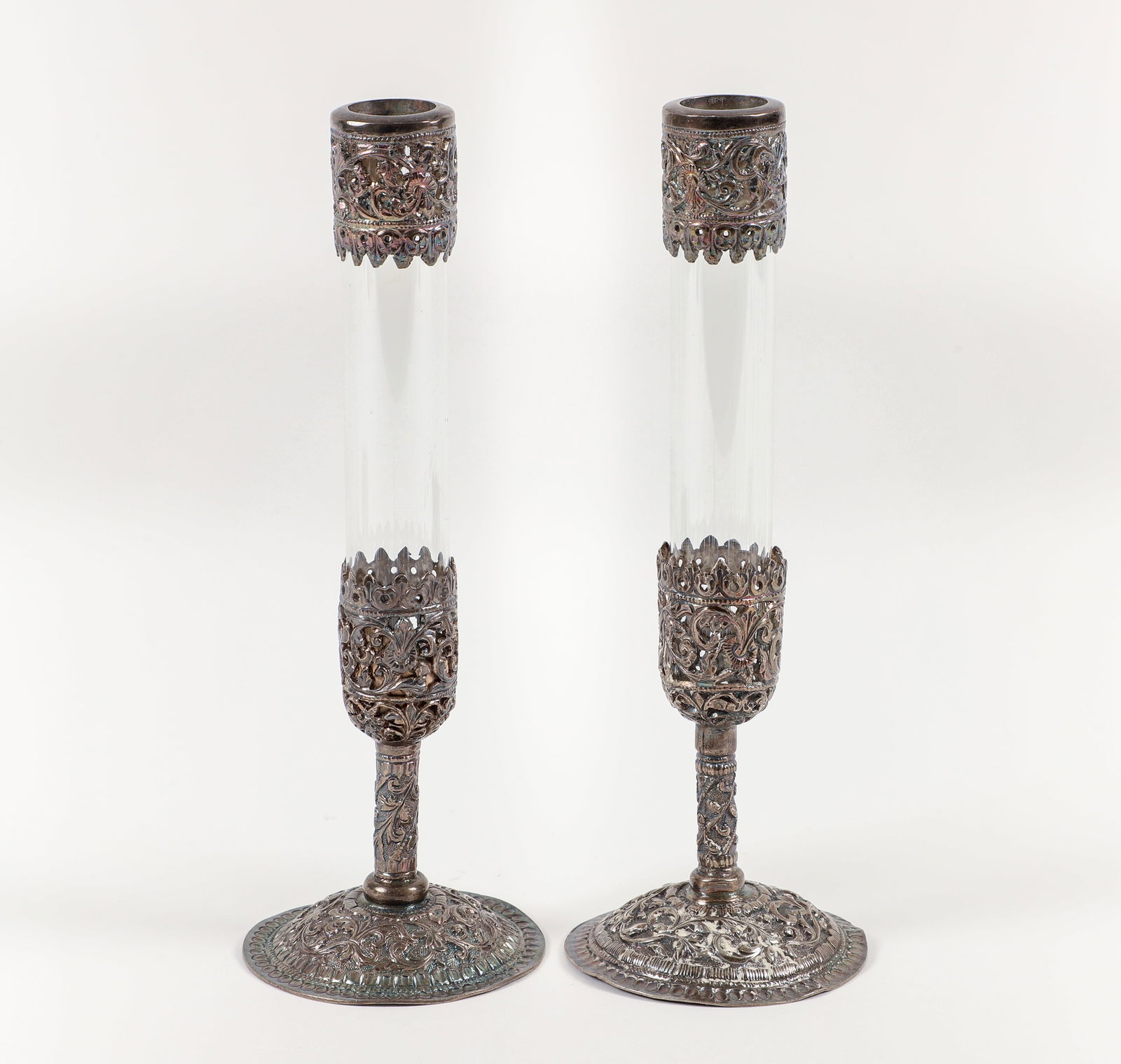 Pair Indian Silver and Glass Footed Candlesticks (1 of 4)