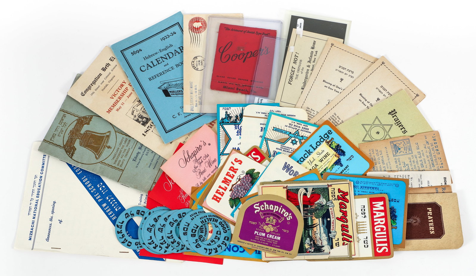 Large Lot American Judaica Ephemera and Wine Labels: Large Lot of American Judaica Ephemera, including a group of Kosher Wine Labels (over 25, some duplicates), and other rarities, such as a 1921 letter with return address of Brill's Kosher Meat Market,