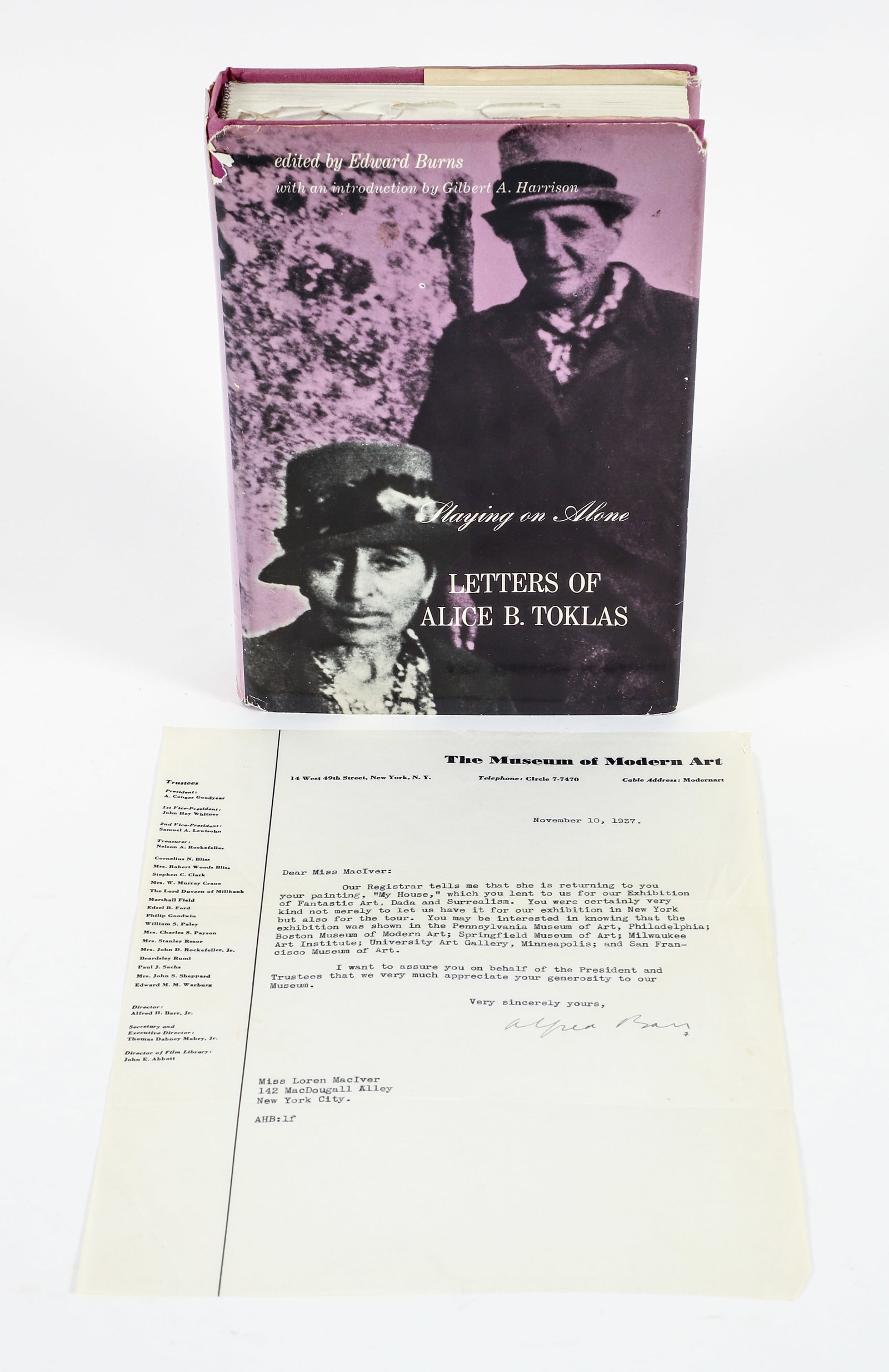Loren MacIver Ephemera and Book Alfred Barr: A lot of items from the collection of the American painter Loren MacIver. Includes: Staying on Alone: Letters of Alice B. Toklas, an association copy from the collection of the American painter Loren 