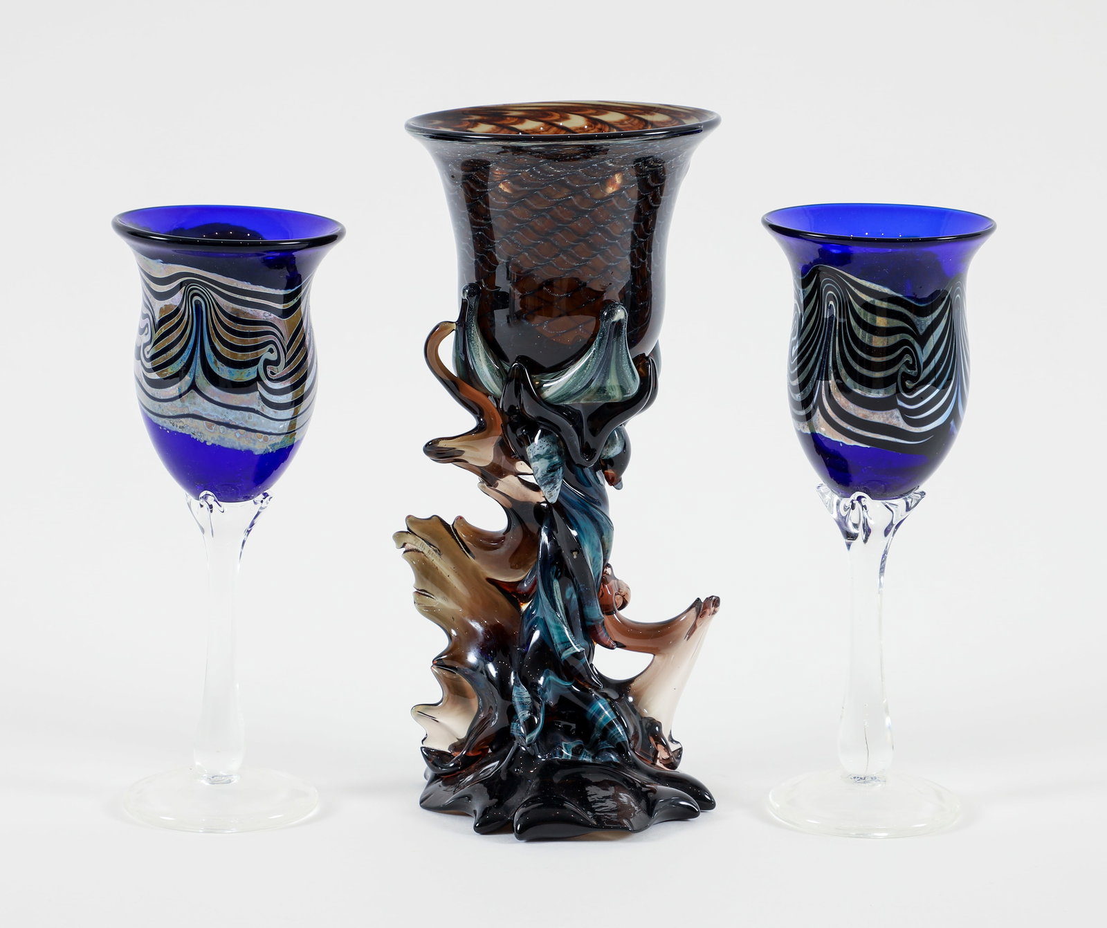 3 pieces of art glass including 2 Henry Summa goblets (1 of 11)