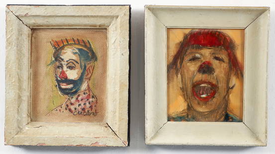 Pascal Cucaro Pair of Clown Paintings on Board: Cucaro, Pascal (American, 1915-2004), Pair of Clown Paintings, c.1980s, oil and graphite on artist's board, both signed, paintings 6.75 x 5.5 inches, framed 9.25 x 8.25 inches, one with an additional