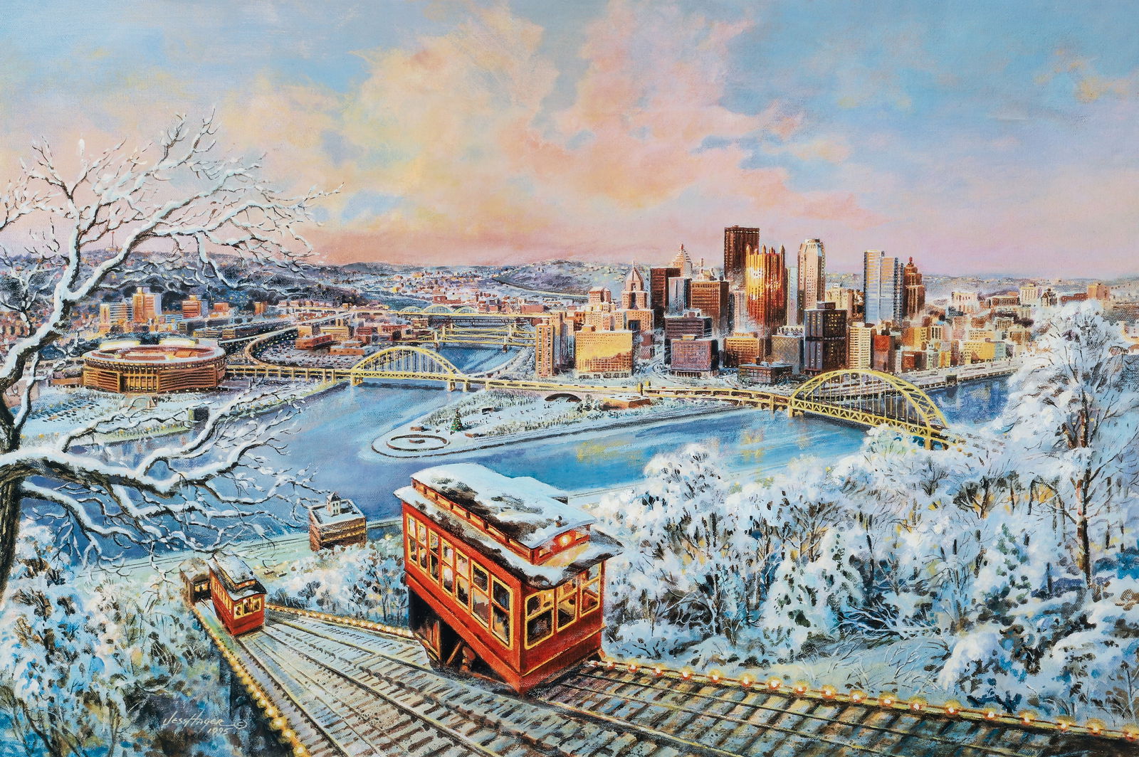 Jess Hager Signed Lithograph Winter Sunset Pittsburgh