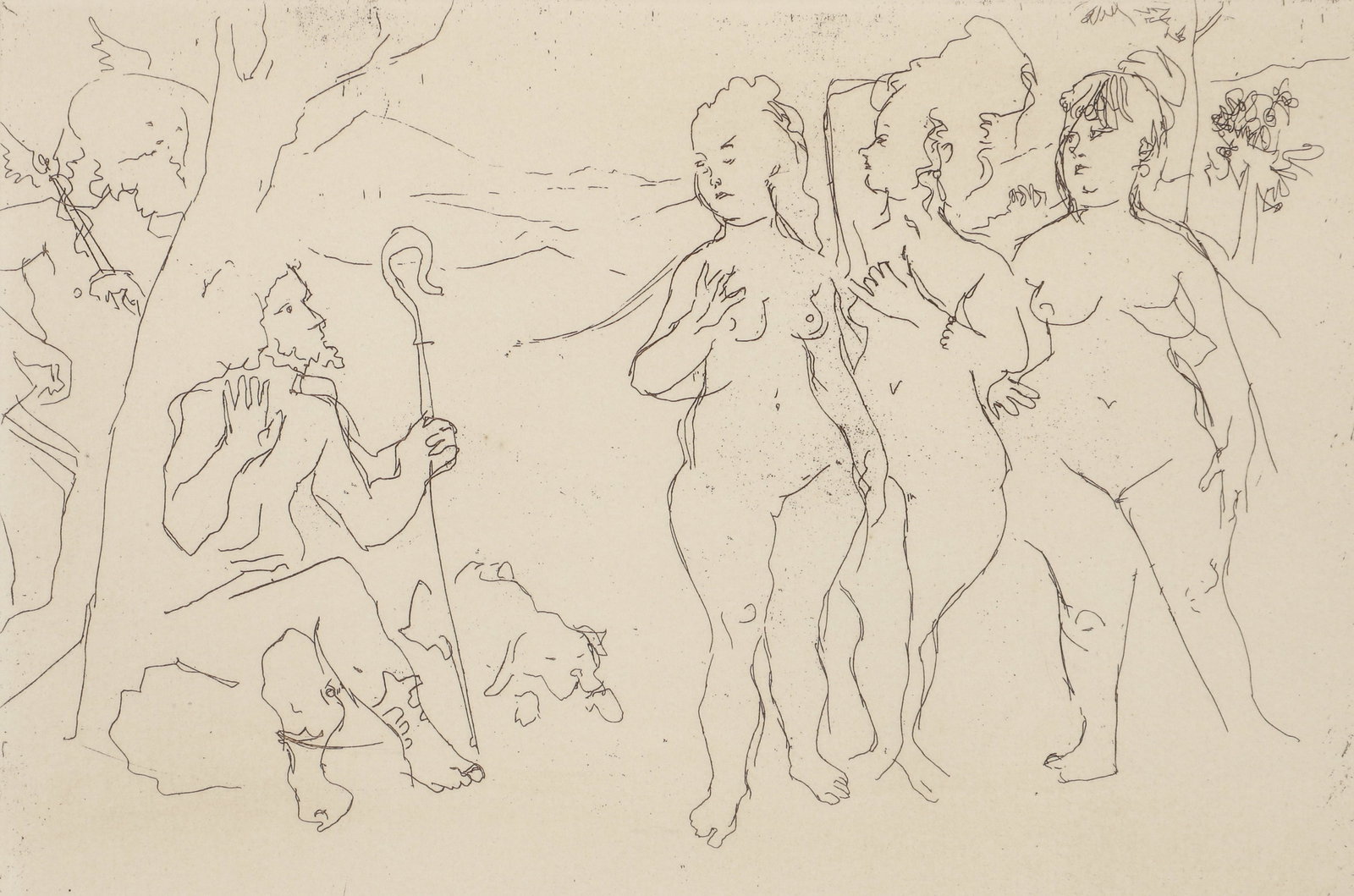 Jack Levine Shepherd and Nudes Signed Etching: Levine, Jack (American, 1915-2010), Shepherd and Nudes, c.1960s, etching on paper, signed and numbered 51/250 in pencil at the bottom, image 6 x 8.75 inches, matted and framed 15 x 17.25 inches.