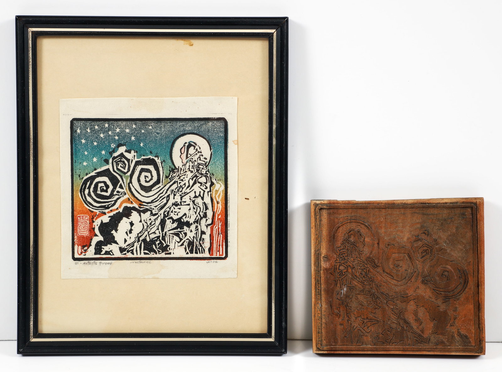 Jack Wise 1981 Nocturne woodcut and printing block (1 of 6)
