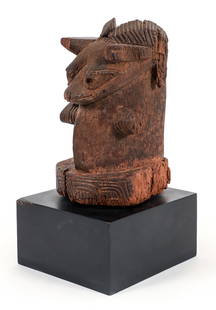 Nigerian Yoruba Owo Osanmasinmi Sacred Ram's Head: Wooden Yoruba Osanmasinmi (sacred ram's head), Yoruba peoples, Owo group, Southern Nigeria. A sculpted ram's head was a component of the altars of high-ranking officials and leaders in the Owo region