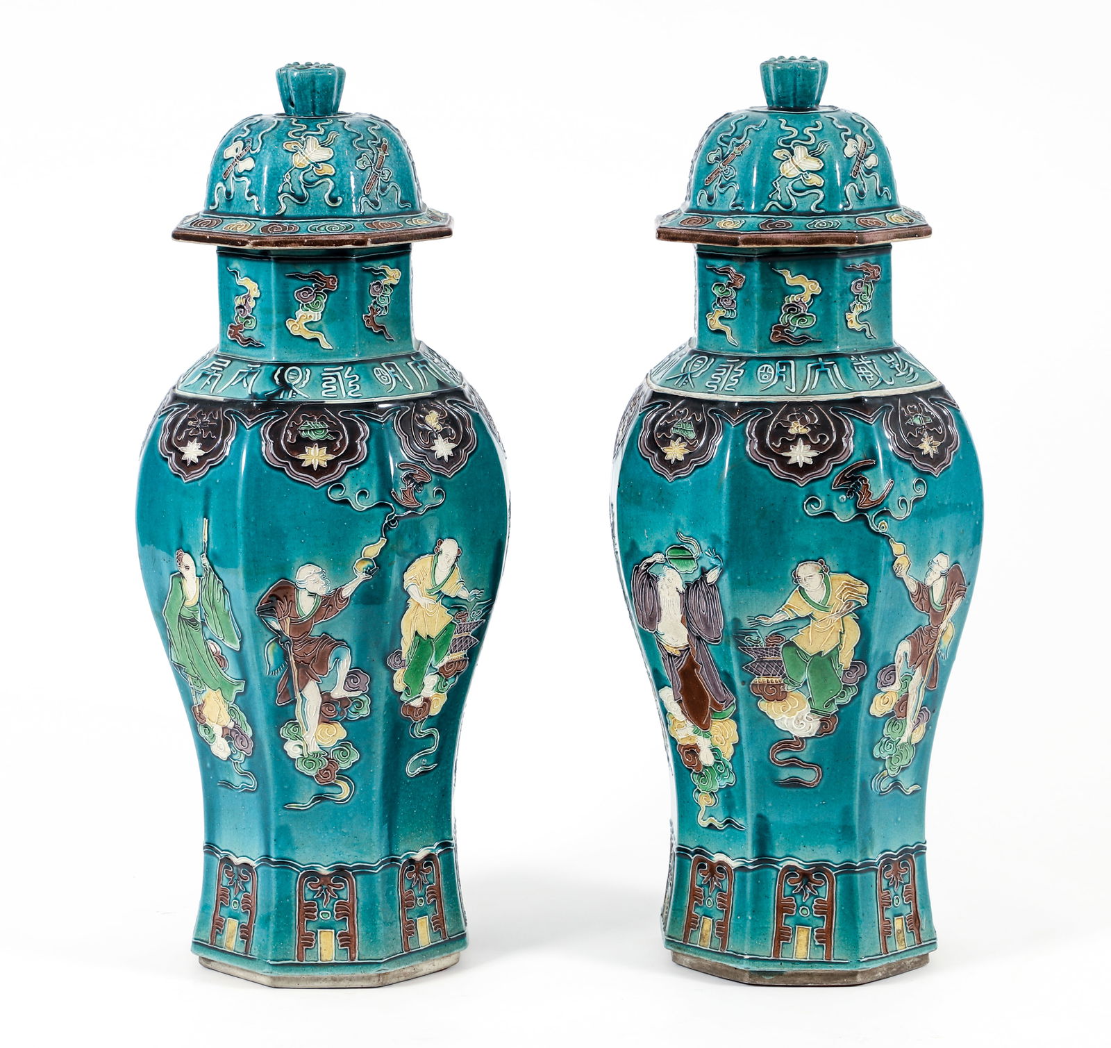 Pair of Asian glazed stoneware lidded temple Jars (1 of 9)