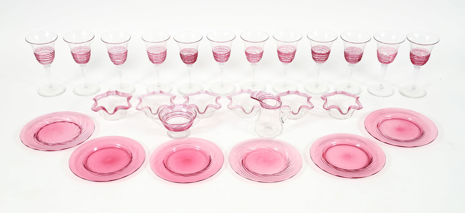 26 piece Collection Steuben Pink Threaded Goblets Candy Dishes (1 of 10)
