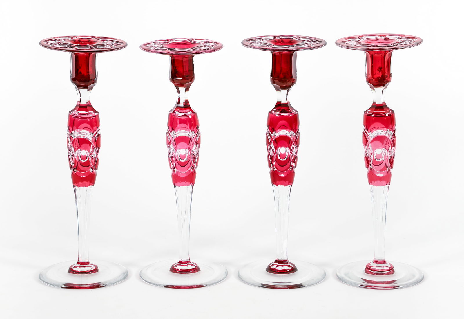 4 Val St Lambert Cranberry Cut to Clear Candlesticks, attributed (1 of 5)