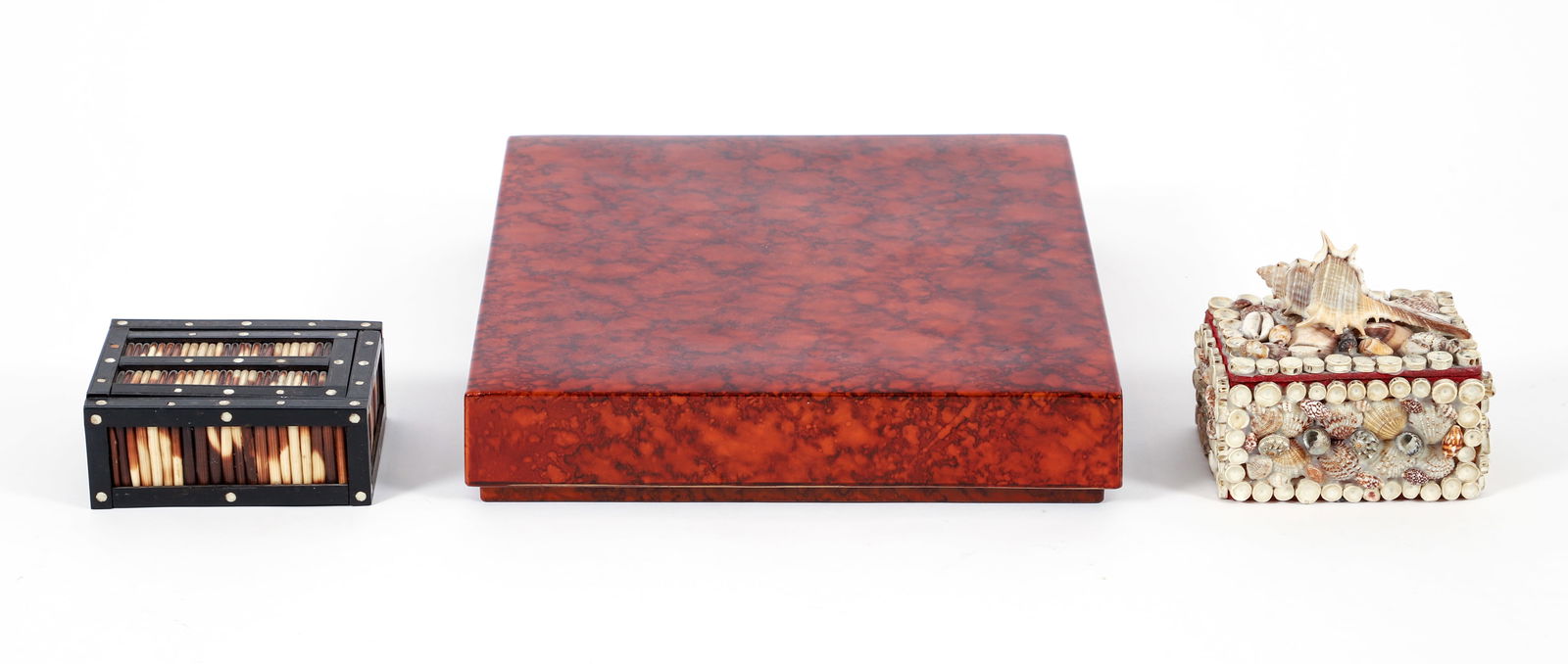 Group of 3 Decorative Boxes Quill and Shell Encrusted: Group of 3 decorative boxes. Including: porcupine quill and bone inlay slide-lid box, unmarked, 2 x 4.75 x 3.75 inches; shell encrusted box with red felt interior and 4 x 4.5 x 3 inches; Otagiri torto