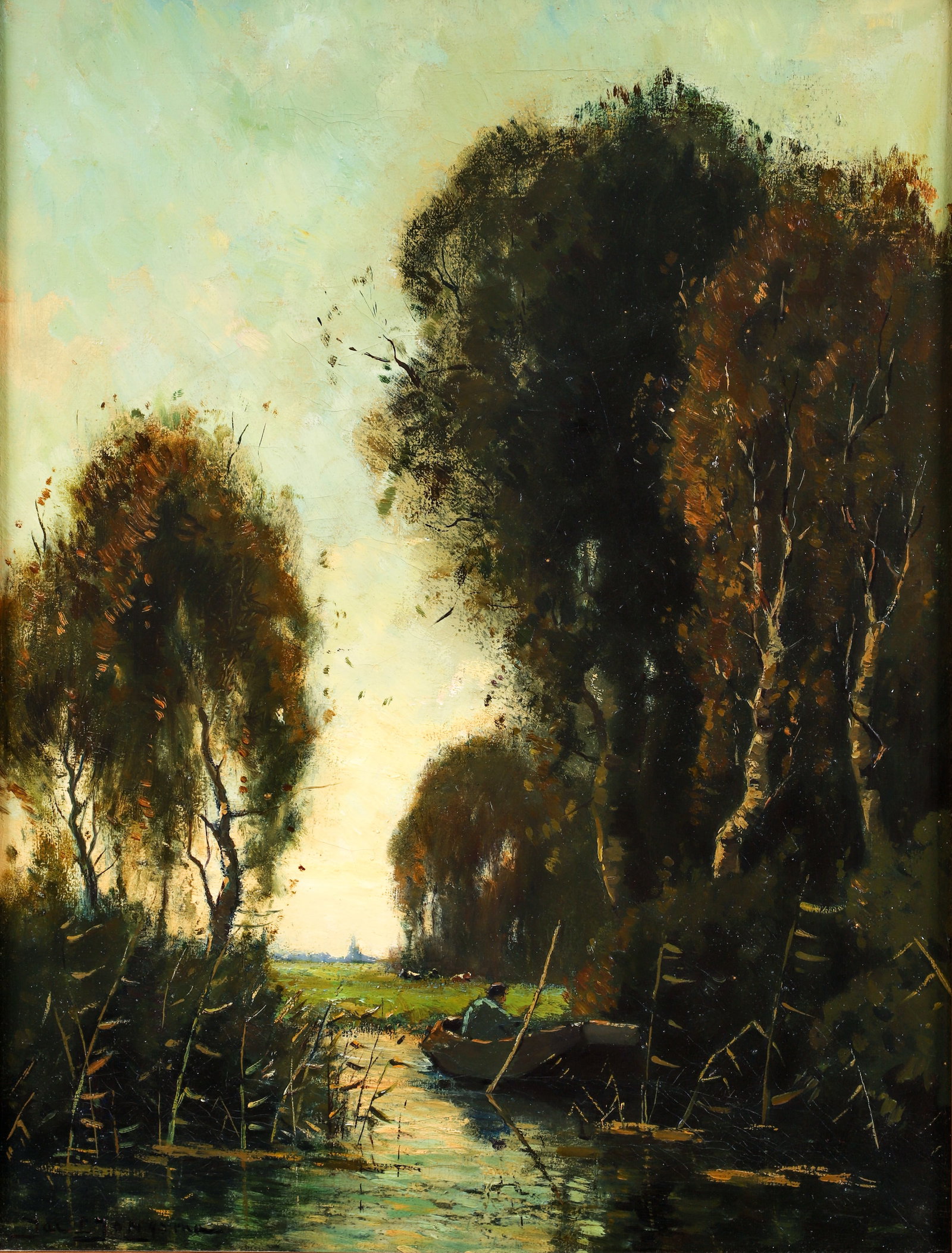 Jacob Lucas Jongsma oil Slootje Met Visser: Jongsma, Jacob Lucas (Dutch, 1893-1926), Slootje Met Visser, oil on canvas, 21.5 x 16.25 inches, signed Jac J Jongsma lower left, framed with a cove style gilded frame measuring 26 x 21.5 inches, Prov