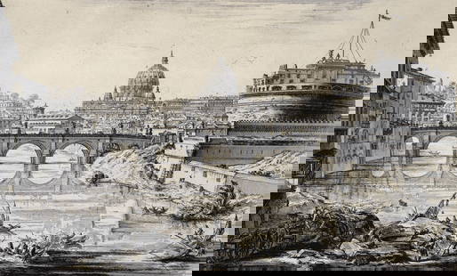 Piranesi Etching Veduta del Ponte e Castello Sant'Angelo: Piranesi, Giovanni Battista (Italian, 1720-1778), Veduta del Ponte e Castello Sant'Angelo, c.1754, etching on heavy laid paper, impression 14.75 x 23 inches, full sheet 19.5 x 29.5 inches, unframed. A