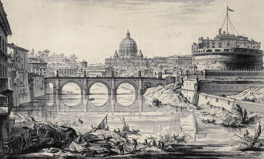 Piranesi Etching Veduta del Ponte e Castello Sant'Angelo: Piranesi, Giovanni Battista (Italian, 1720-1778), Veduta del Ponte e Castello Sant'Angelo, c.1754, etching on heavy laid paper, impression 14.75 x 23 inches, full sheet 19.5 x 29.5 inches, unframed. A