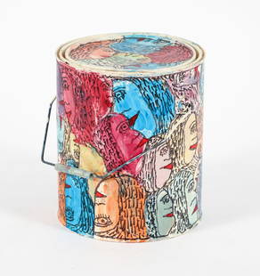 Howard Finster Paint Can Untitled 1994: Finster, Howard (American/Georgia, 1916-2001) Untitled Paint Can, October 4, 1994, marker and paint on paint can, depicting polychrome faces in profile. Underside inscribed with sermon, peace dove, 34