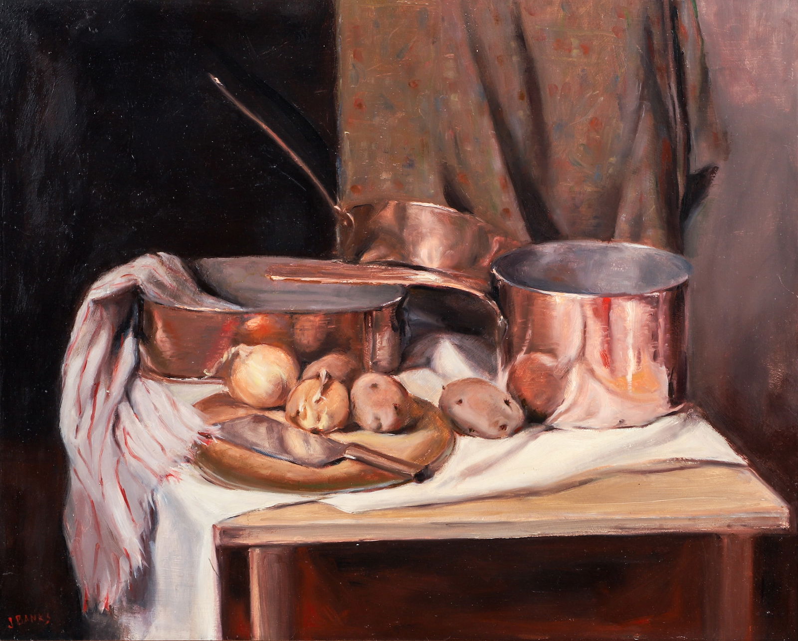 Judy Banks Kitchen Still Life Oil on Masonite: Banks, Judy (American/Ligonier, 1902-1981), Still Life in the Kitchen, undated, oil on Masonite board, signed lower left, 25 x 31 inches, framed 30 x 36 inches.