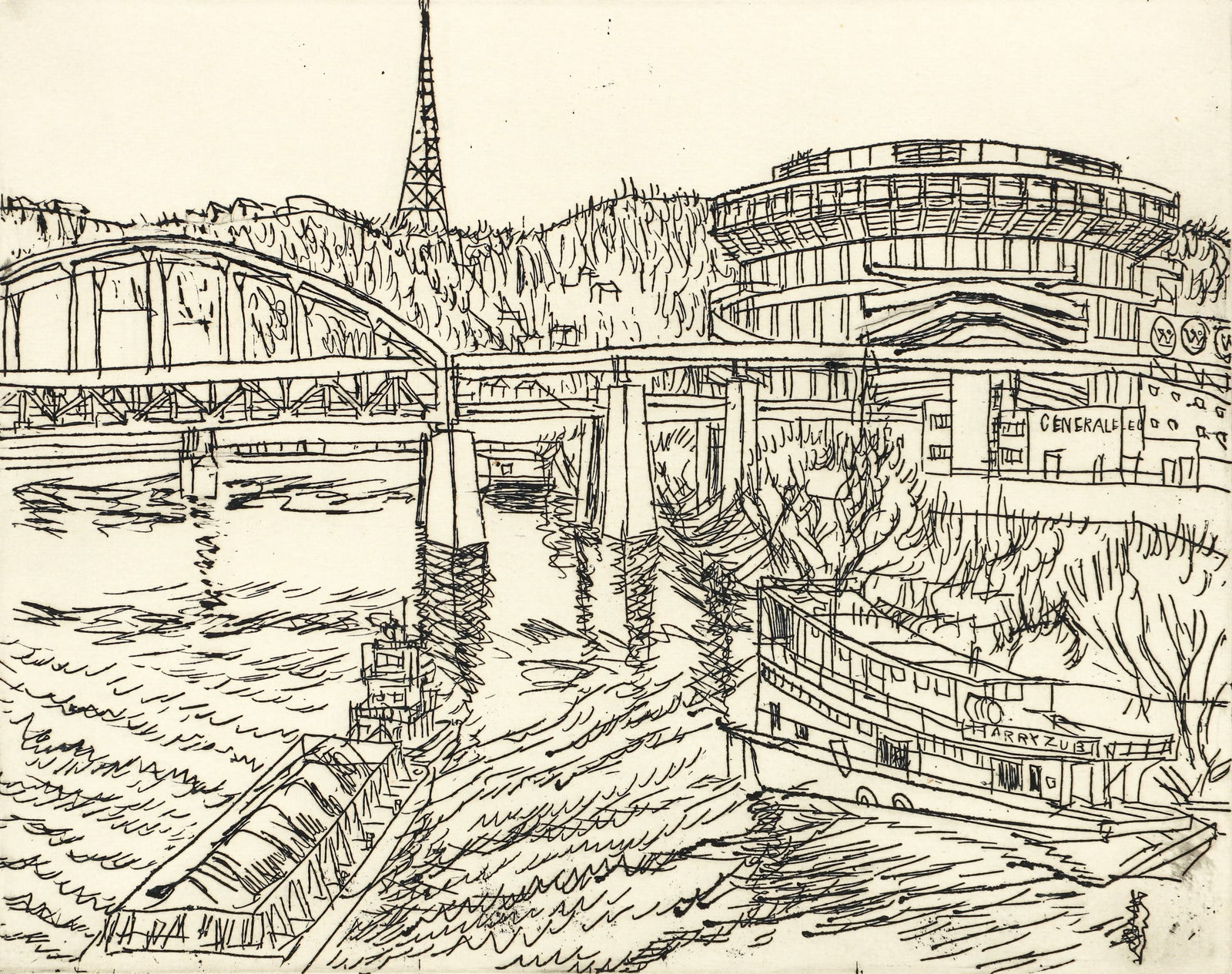 Henry Koerner Bridge and 3 Rivers Stadium Signed Etching 1971 (1 of 5)