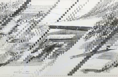 Charlie Pitcher Pencil Drawing Shirings Meats: Pitcher, Charles (Charlie) (American/Western PA, 1927-2009), Shirings Meats, c.1980, graphite on paper, titled and signed lower right, 12 x 18 inches, matted and framed 17 x 23 inches. Provenance: acq