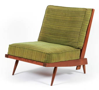 George Nakashima Cherry Wood Cushion Chair: Nakashima, George (Japanese/American, 1905-1990), Cushion Chair, c.late 1950s, cherry wood, green upholstery that is attached to the frame, slatted back, marked VII on the underside of the back and al