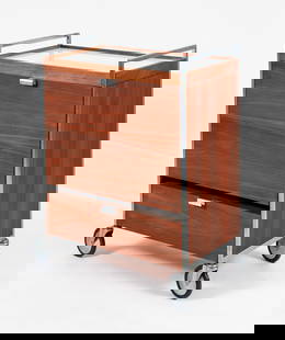 George Nelson for Sears Refrigerated Bar Cart: Nelson, George, for Sears, Bar Cart with built in Coldspot Thermoelectric Cooler-Warmer, 1960s, walnut, white laminate top and pull out drawer, metal rails and pulls, on 4 casters, storage drawer unde